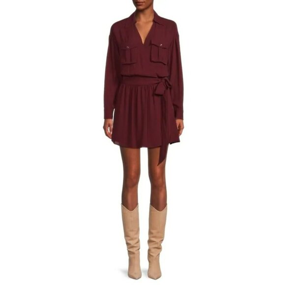 NEW Ramy Brook Summer Long Sleeve Pocket Mini Wrap Dress Cabernet Red Maroon XS
